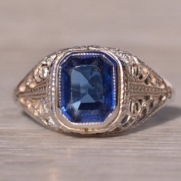 Jewelry - Antique Filigree Sapphire Ring in White Gold